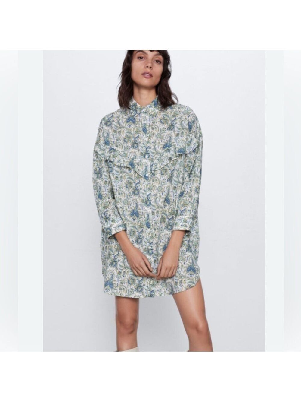 ZARA Poplin Blue/ Green Paisley Shirt Dress Ruffles on Bodice, Western, small